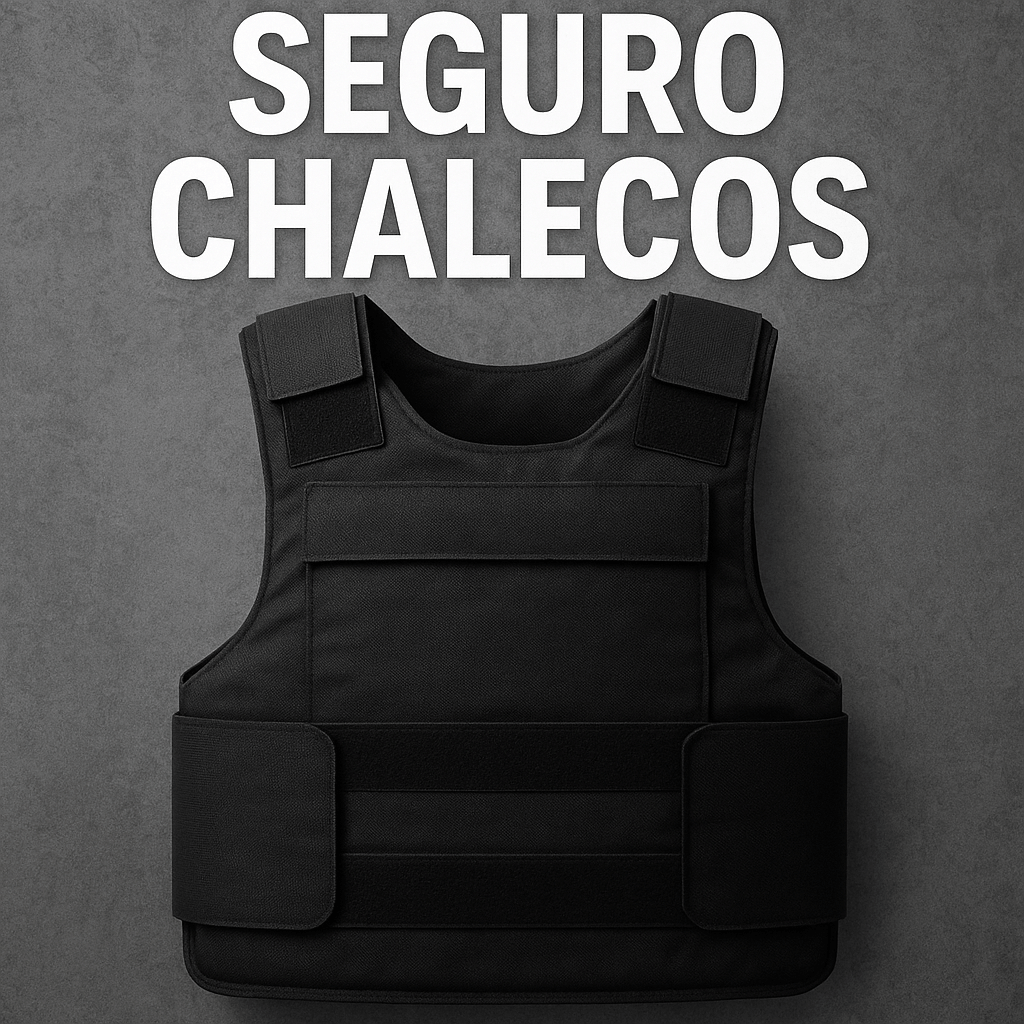 Chaleco antibalas negro con correas y texto “SEGURO CHALECOS” sobre fondo gris. Seguro chalecos anticorte y antibala o balísticos