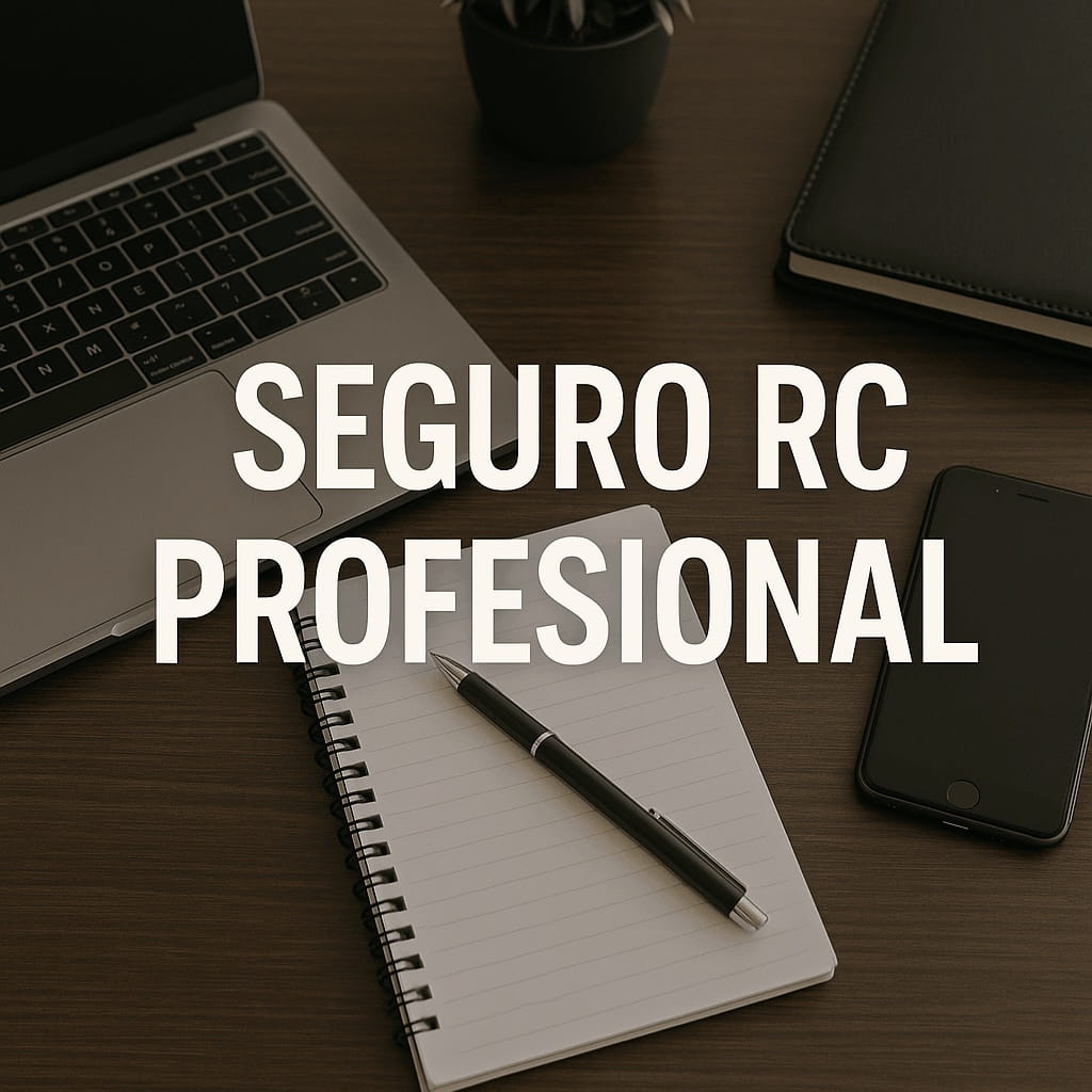 Portátil, cuaderno y bolígrafo sobre escritorio con texto “SEGURO RC PROFESIONAL” en primer plano. Seguro Responsabilidad Civil profesional