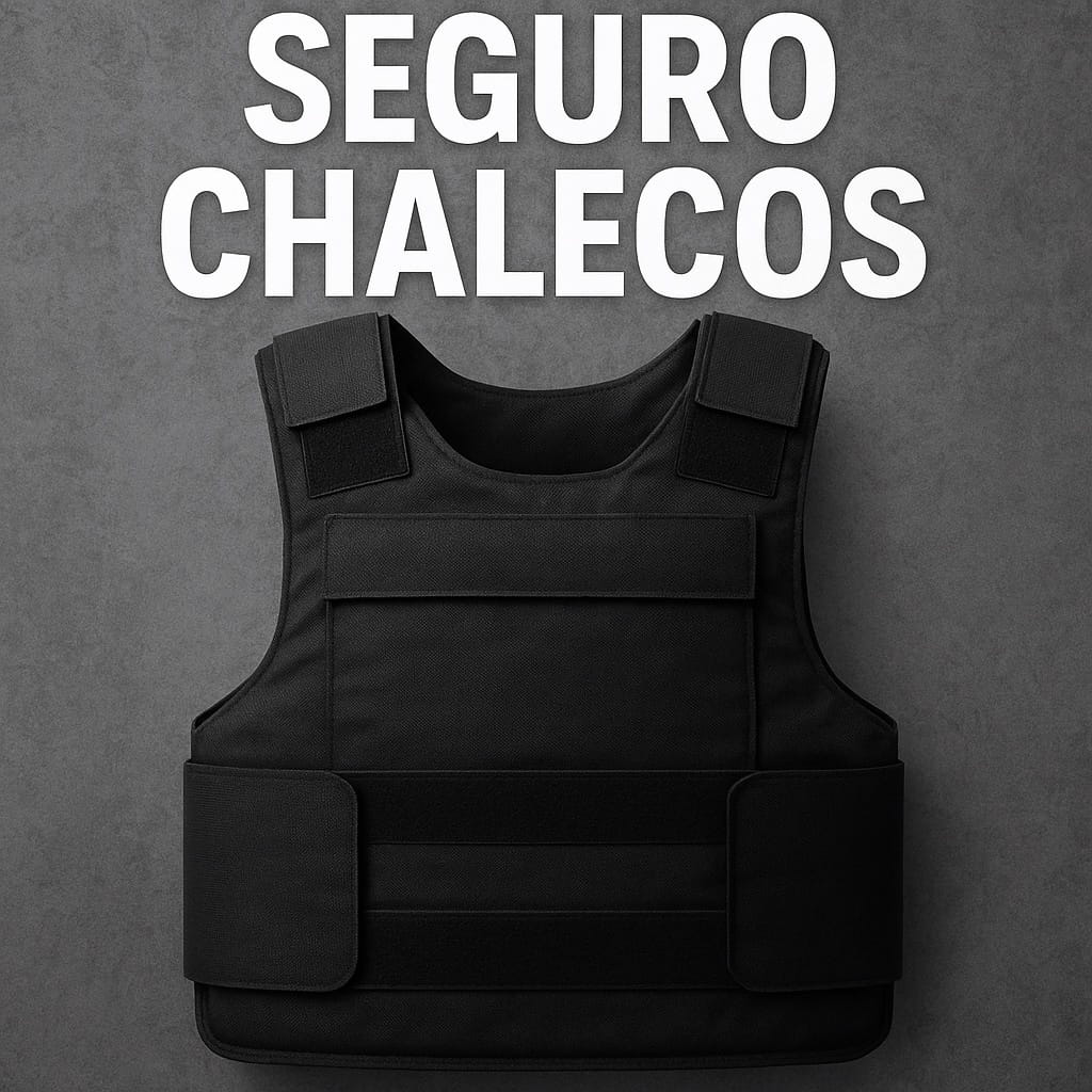 Chaleco antibalas negro con correas y texto “SEGURO CHALECOS” sobre fondo gris. Seguro chalecos anticorte y antibala o balísticos
