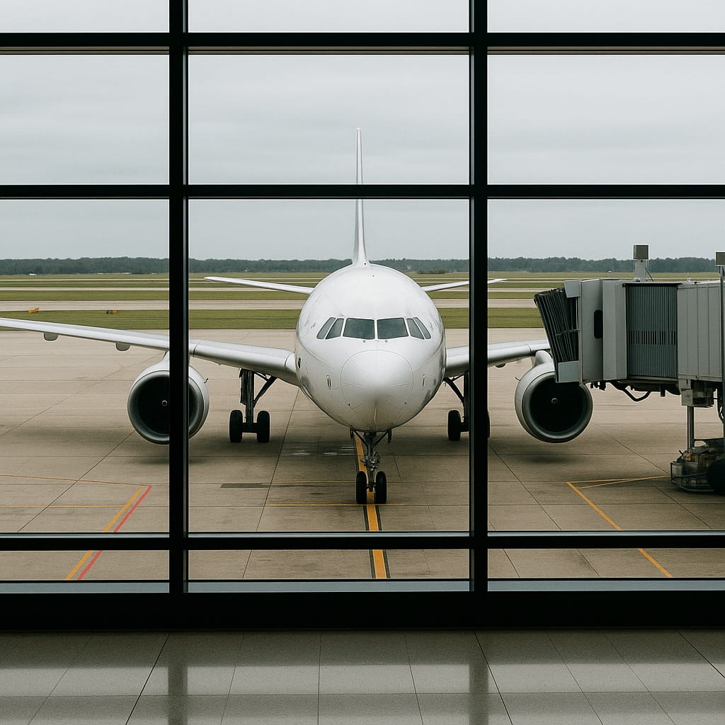 Avión comercial blanco estacionado en pista, visto desde interior de terminal a través de ventanas.
Seguro de asistencia en viaje, cobertura gastos médicos y asistencia internacional