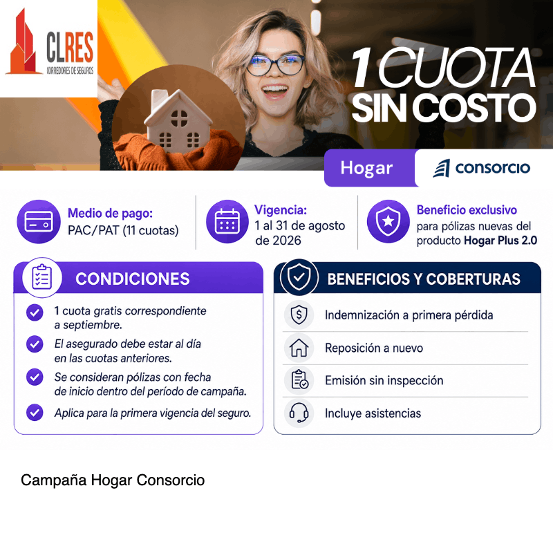 Mujer sonriente con gafas sostiene una casa de juguete; paneles informan condiciones y beneficios del consorcio Hogar.