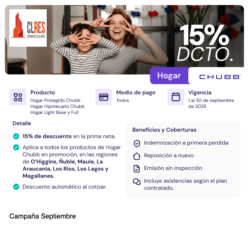 Campaña Chubb Hogar con 15% de descuento