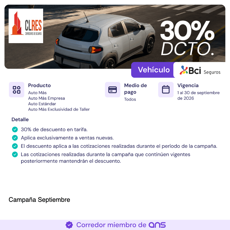 Campaña Bci Seguros con 30% de descuento en seguros para vehículos,