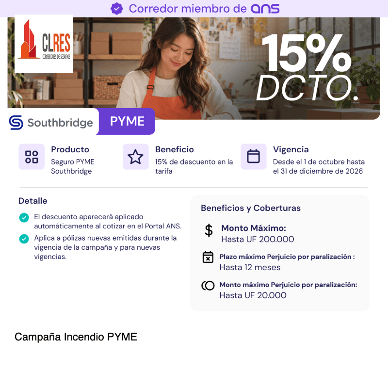 Mujer con delantal naranja en almacén, banner promocional “15% Dcto.” y detalles de seguro PYMES.