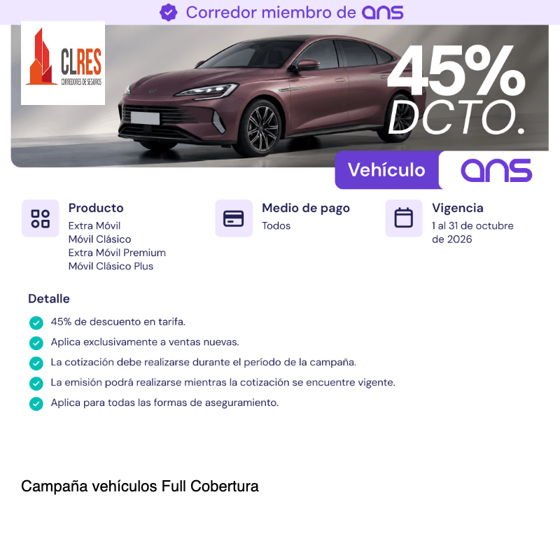 Auto morado con texto promocional “45% DCTO” y detalles de campaña para vehículos Full Cobertura.